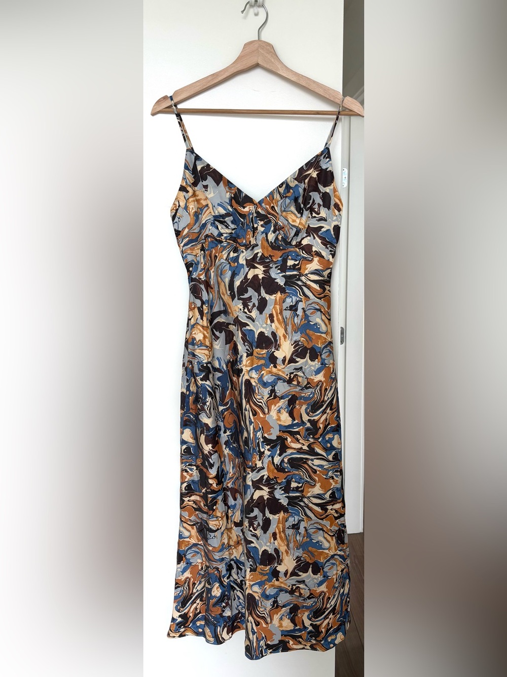 Abercrombie & Fitch Satin Slip Midi Dress | Blue Marble Print | Size Small